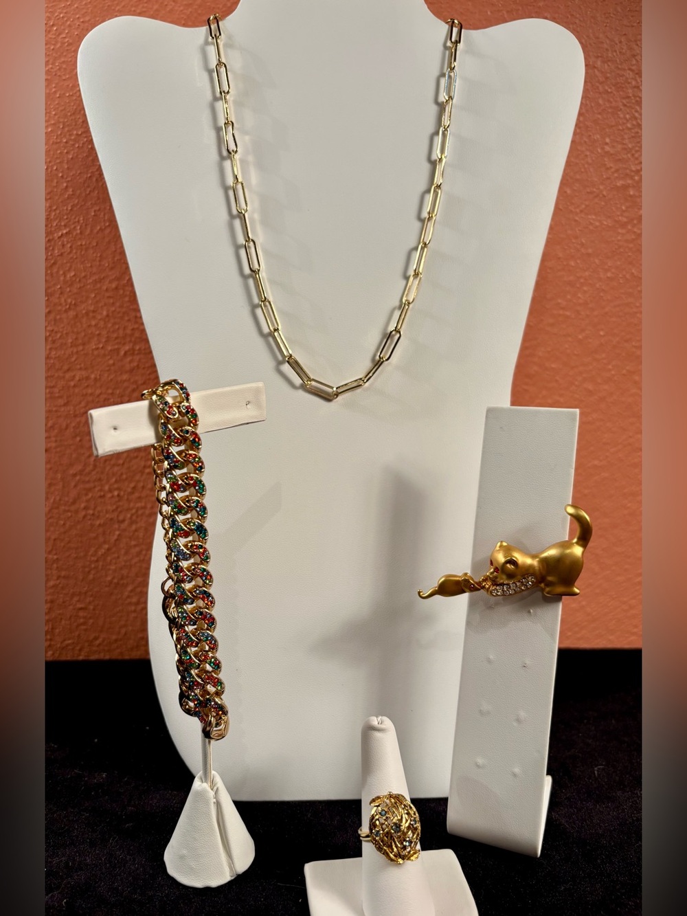 4Pc Gold Tone Statement Jewelry Lot Rhinestone Cat Brooch Bracelet Ring Necklace
